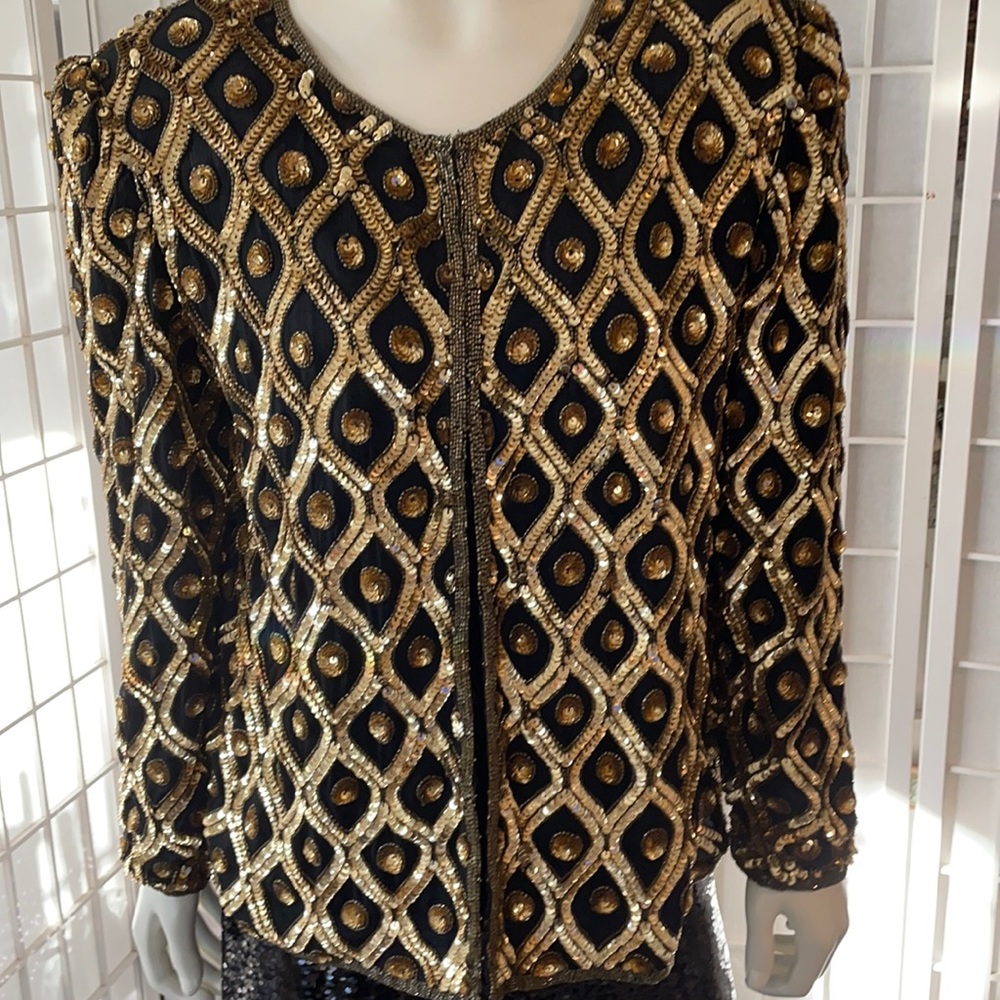 Sparkle in Vintage Black w/Gold Sequins Silk Jacket Sz L - Picture 3 of 7
